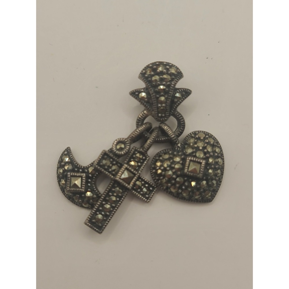 Vintage Sterling Silver Marcasite Multi Charm Pendant Brooch Heart Cross